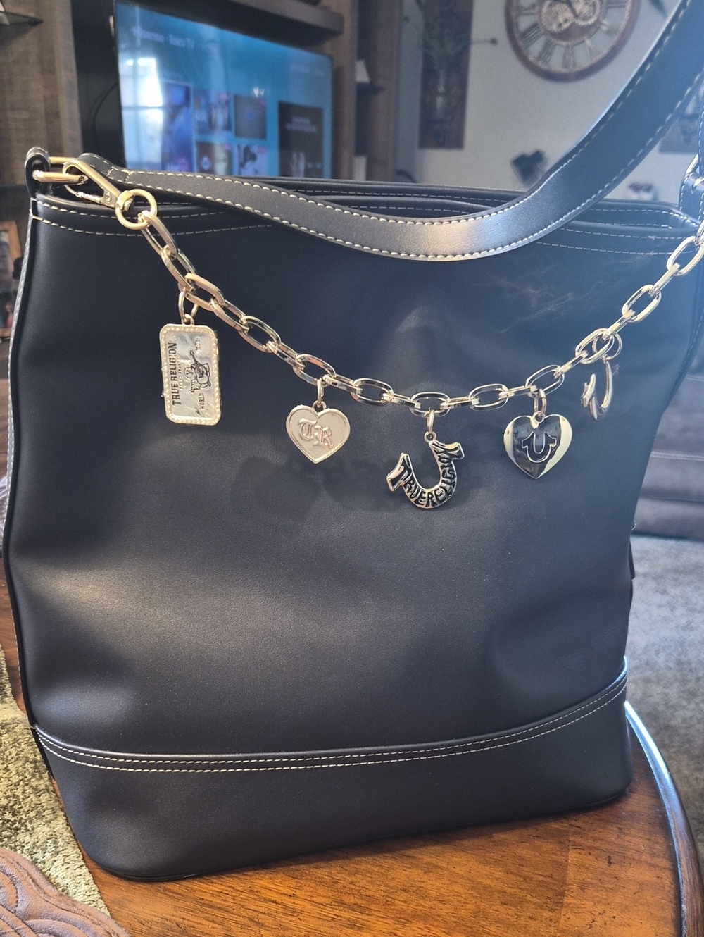 True Religion Black Shoulder Tote with Gold Charm Chain